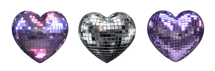 Disco mirror heart 3D icons isolated. Reflective heart shaped disco ball made of mirror tiles. design elements. Ai generative