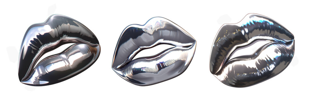 Shiny chrome metal lips isolated. 80s 90s Glossy silver beauty, cosmetics, makeup icons