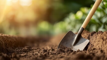 Shovel leaning against a partially dug trench, backyard setting, soil texture in focus, early morning sunlight streaming in