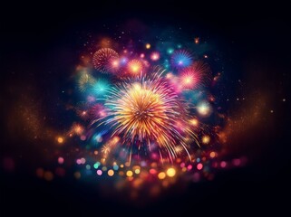 Fototapeta premium A colorful fireworks display explodes in the night sky, with bright bursts of color and glittering sparks.