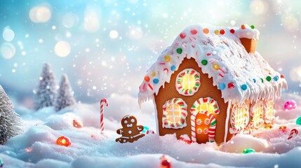 Cheerful Christmas Flier with Gingerbread House and Colorful Candy
