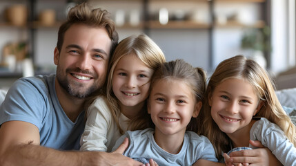 Obraz premium happy family mother father and kids at home on couch