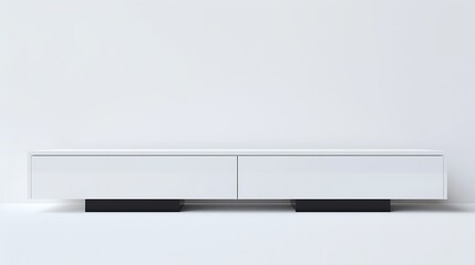 A sleek white media console with a minimalist aesthetic, on a white background