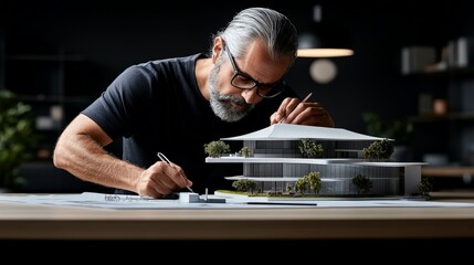 Architect's Vision: A focused architect meticulously refines a detailed architectural model, showcasing his passion and dedication to crafting innovative designs. The image captures the essence 