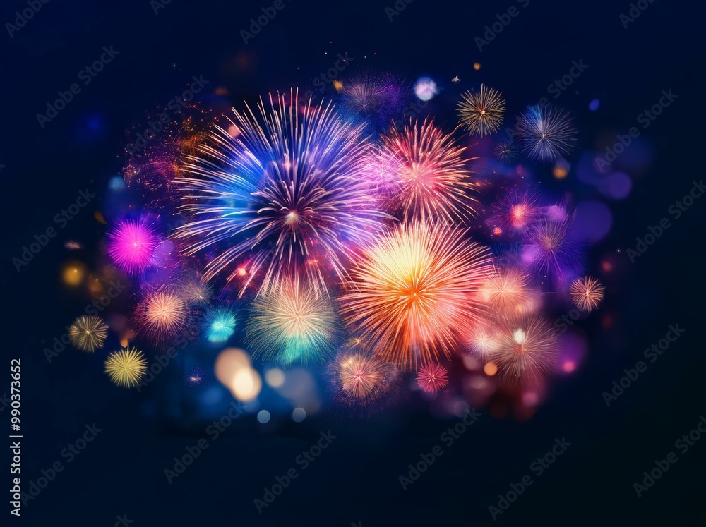 Poster colorful fireworks explode in the night sky, creating a dazzling display of light and color.