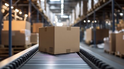 Package on Conveyor Belt in Warehouse