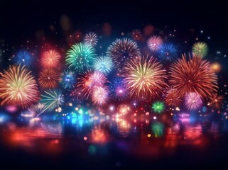 Naklejka premium Colorful fireworks burst in the night sky reflecting in the water.