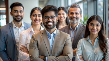 A portrait of an Indian multicultural team of professionals working together in an office.
