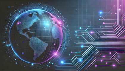 Obraz premium Digital Earth Circuit: Futuristic Globe with High-Tech Circuit Glow and Global Data Flow Connections