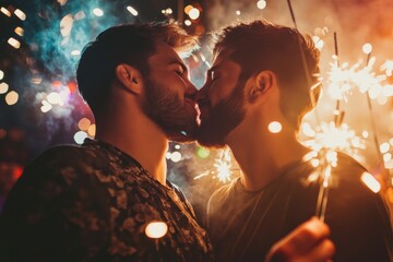 Gay couple kissing while holding sparklers during a festive celebration