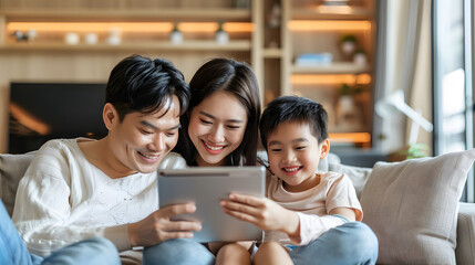 Obraz premium Happy family using tablet for playing game watching movies, relaxing at home for lifestyle concept