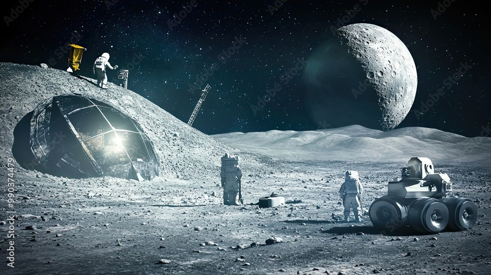 Aufkleber astronauts exploring a lunar base with a rover and a partial view of the moon