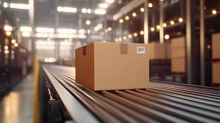Package on Conveyor Belt in Warehouse