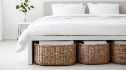 Rattan storage bins under a sleek modern bed, home organization and decluttering