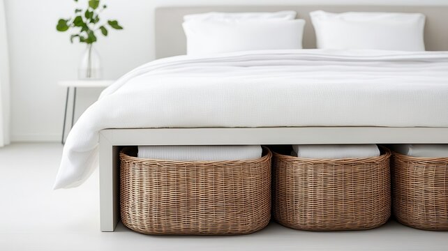 Rattan storage bins under a sleek modern bed, home organization and decluttering