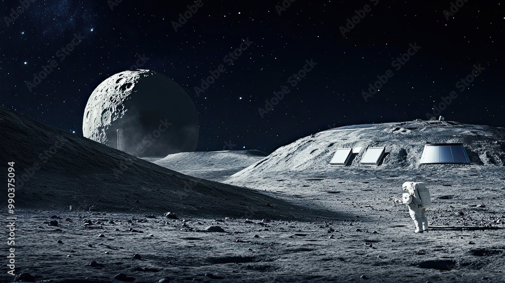 Poster astronaut standing on the moon's surface near a lunar base and a cratered moon in the background.