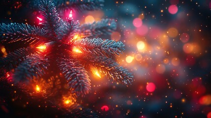 Fototapeta premium Decorated Christmas tree with colorful lights and soft bokeh background