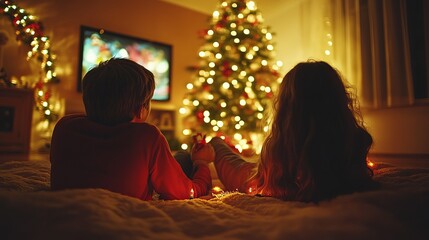 Children enjoying a cozy evening by the Christmas tree while watching television