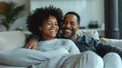 Obraz premium Happy laughing middle aged couple bonding while relaxing sitting on sofa