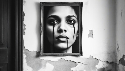 a picture of a scary woman on a concrete wall in a house