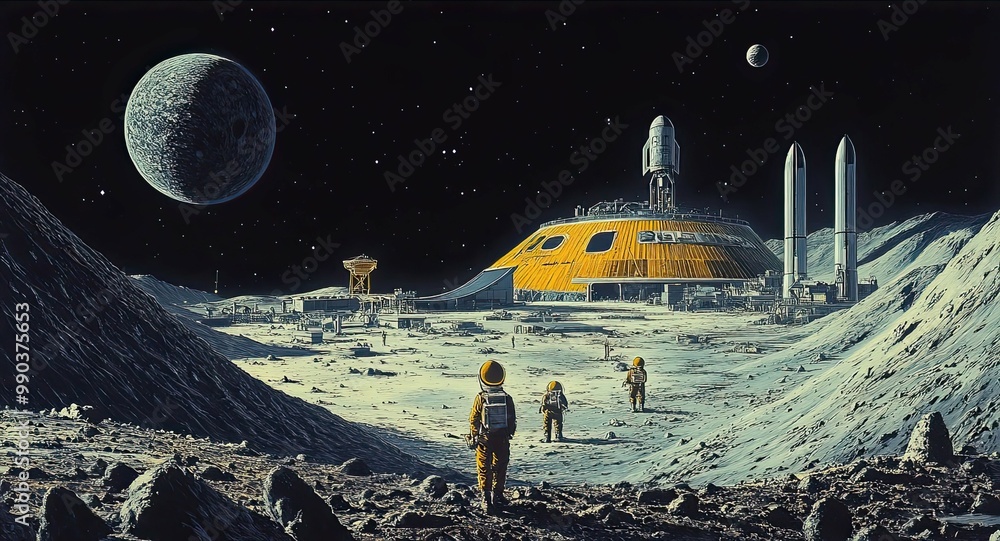 Poster astronauts exploring a lunar base with rocket towers and a moon in the background