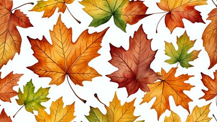 Fototapeta premium Colorful watercolor autumn leaves pattern in shades of orange, yellow, green, and red on a white background.