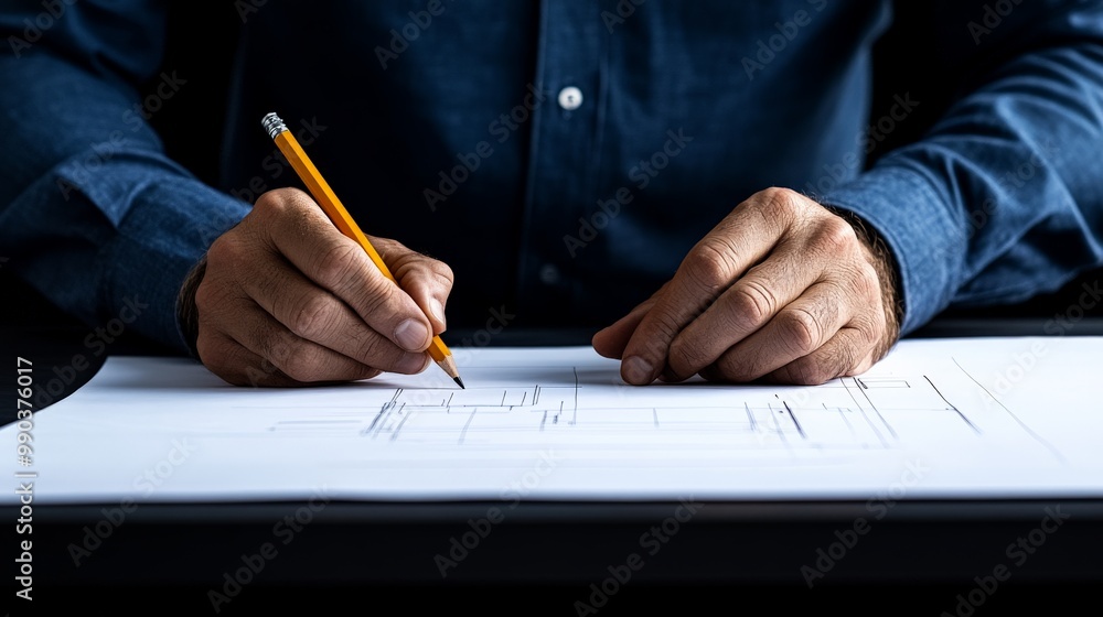 Poster architect's blueprint: a close-up of a hand sketching a detailed architectural plan, a focused and p
