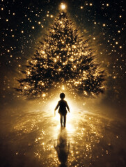 Fototapeta premium Child in Front of Glowing Christmas Tree at Christmas Candlelight Service