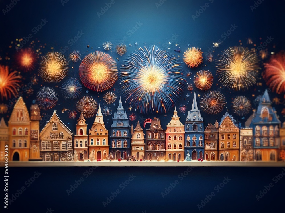Poster a row of miniature houses in front of a dark blue sky filled with exploding fireworks.