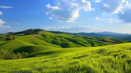 Fototapeta premium Hills And Sky. Scenic View of Rolling Green Hills and Blue Sky in Tuscany Landscape