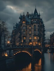 Historical Building. German architecture: Bridge in front of iconic Haus der Seefahrt in Hamburg during evening