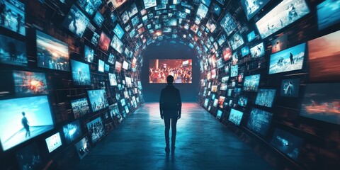 A tunnel-like walkway lined with many screens showing various images. A person walks down the center.
