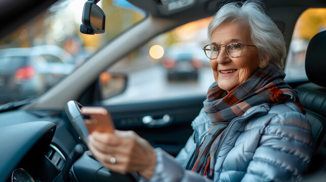 Happy senior woman driving car alone, holding smartphone and scrolling. Safe driving for elderly adults, older driver safety