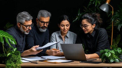 Collaborative Strategy: A diverse team of professionals, including a man with gray hair and glasses, huddle around a laptop in a dimly lit office setting with lush greenery, engaged in an intense