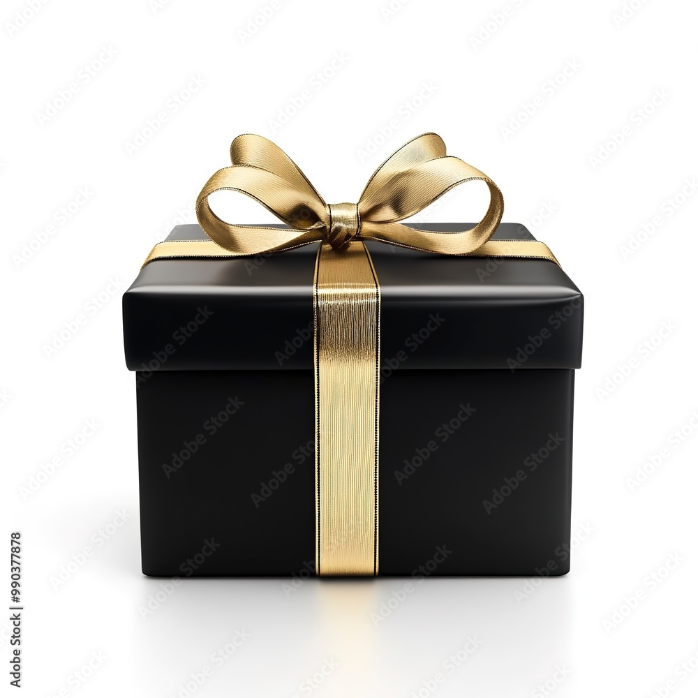 Poster Black gift box wrapped in a shiny gold ribbon isolated on white background 