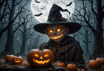 Strega di Halloween con Zucche Luminescenti nella Foresta Notturna