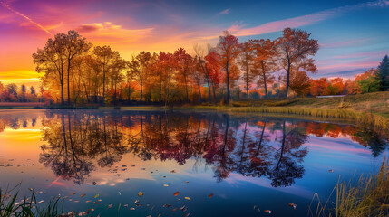 Obraz premium A breathtaking autumn sunset reflecting vibrant fall foliage on a serene lake, featuring colorful skies and tranquil water. 