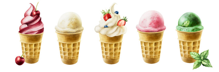 Set of ice creams with strawberry, raspberry, cherry, mint, pistachio, apple, milk, blueberry, vanilla in crispy waffle cones. Hand painting sweet watercolor illustration isolated on background. Fo