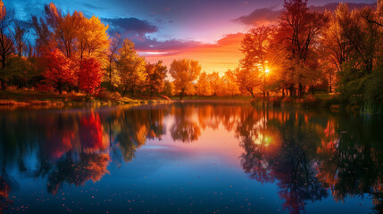 Obraz premium A breathtaking autumn sunset reflecting vibrant fall foliage on a serene lake, featuring colorful skies and tranquil water. 