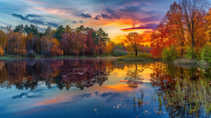 Fototapeta premium A breathtaking autumn sunset reflecting vibrant fall foliage on a serene lake, featuring colorful skies and tranquil water. 