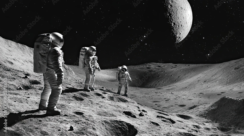 Poster three astronauts exploring the lunar surface with a moon in the background