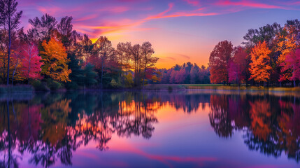 Obraz premium A breathtaking autumn sunset reflecting vibrant fall foliage on a serene lake, featuring colorful skies and tranquil water. 