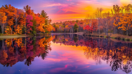 Obraz premium A breathtaking autumn sunset reflecting vibrant fall foliage on a serene lake, featuring colorful skies and tranquil water. 