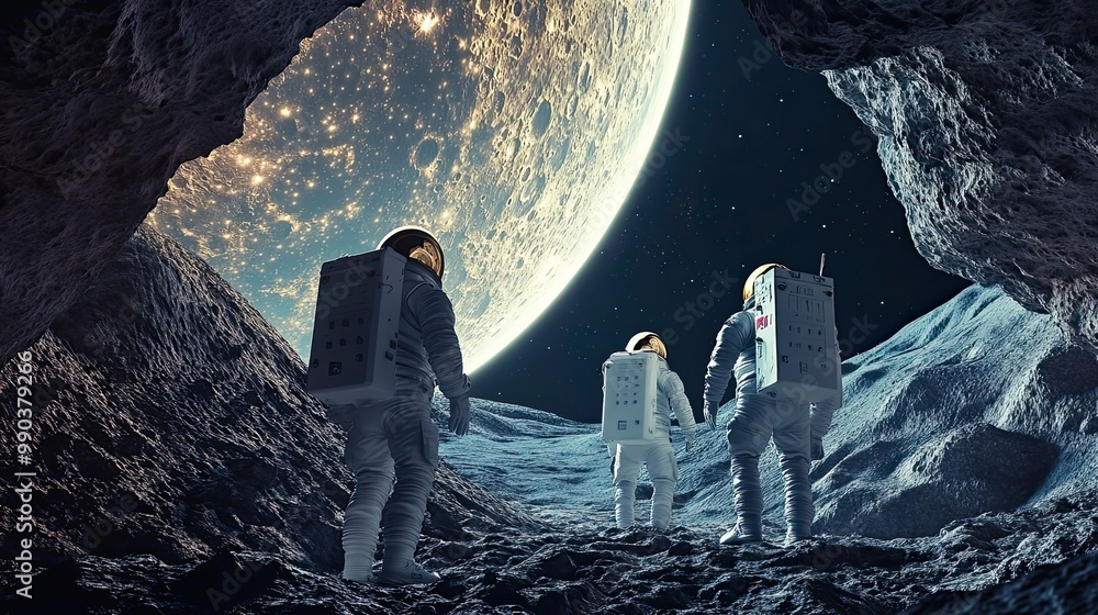 Poster three astronauts on a lunar surface with a giant moon in the background