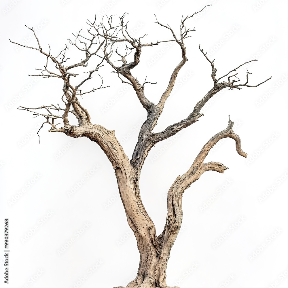 Poster an old, dry tree with only twigs remaining and a white background