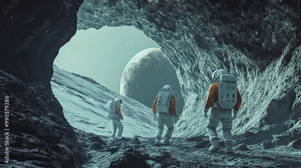 Poster astronauts exploring a cave on a moon-like planet