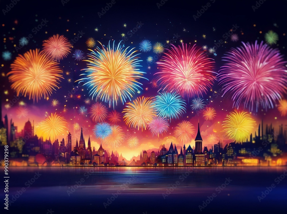 Poster a cityscape illuminated by colorful fireworks exploding over a body of water.