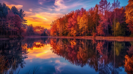 Obraz premium A breathtaking autumn sunset reflecting vibrant fall foliage on a serene lake, featuring colorful skies and tranquil water. 