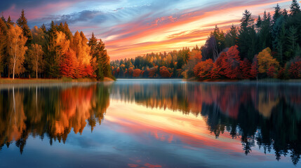 Obraz premium A breathtaking autumn sunset reflecting vibrant fall foliage on a serene lake, featuring colorful skies and tranquil water. 