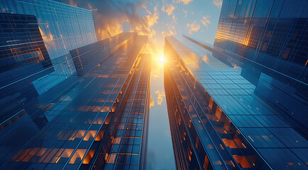 Modern skyscrapers of a smart city, futuristic financial district with buildings and reflections , blue color background for corporate and business template with warm sun rays of light.